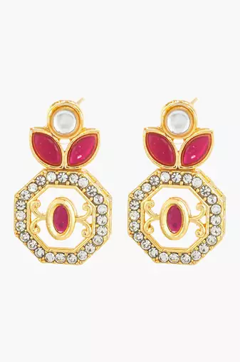 gold plated geometric octagon red stone earrings