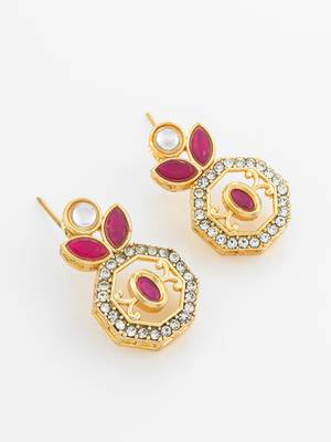 gold plated geometric octagon red stone earrings 3