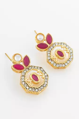 gold plated geometric octagon red stone earrings