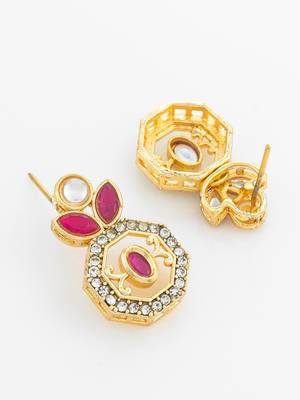 gold plated geometric octagon red stone earrings 4