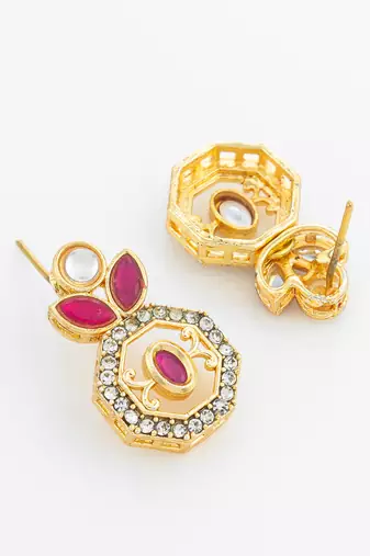 gold plated geometric octagon red stone earrings