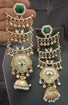 Green  moissanite stones ghungroo brass kashmiri earrings set 1