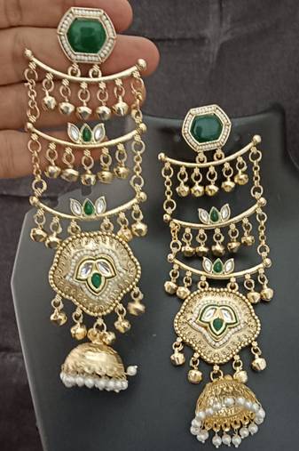 Green  moissanite stones ghungroo brass kashmiri earrings set