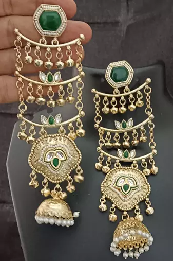 Green  moissanite stones ghungroo brass kashmiri earrings set