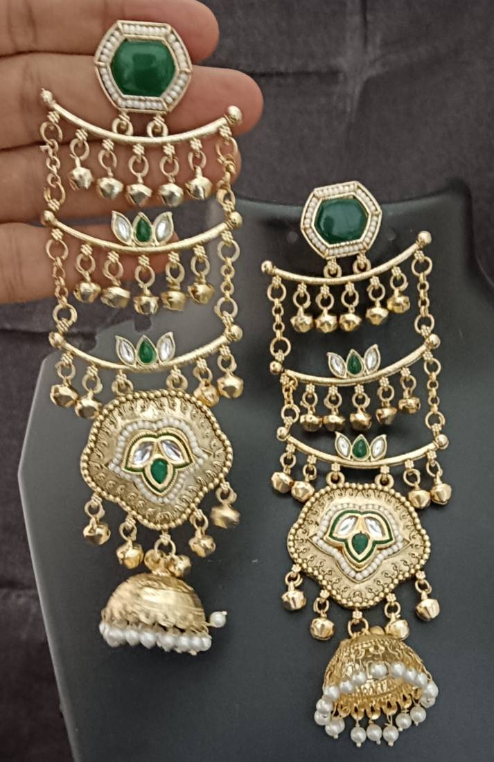 Green  moissanite stones ghungroo brass kashmiri earrings set