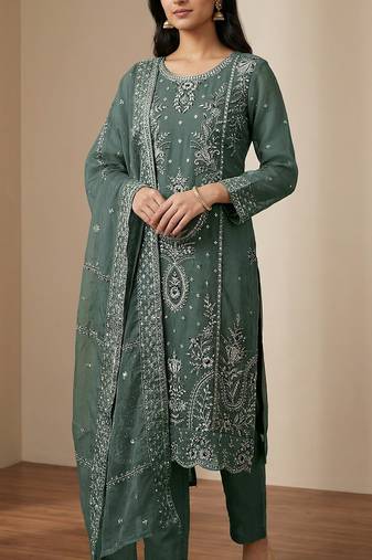 green organza thread embroidered sequin salwar suit