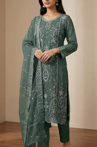 green organza thread embroidered sequin salwar suit