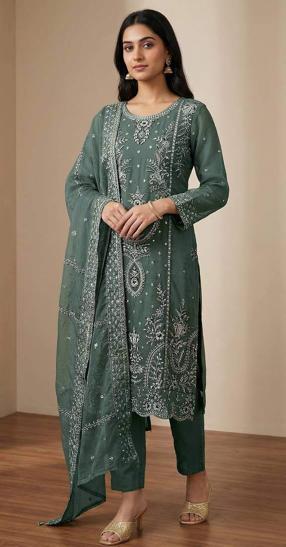 green organza thread embroidered sequin salwar suit
