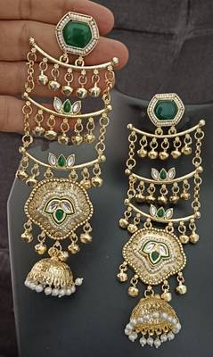 Green  moissanite stones ghungroo brass kashmiri earrings set 2