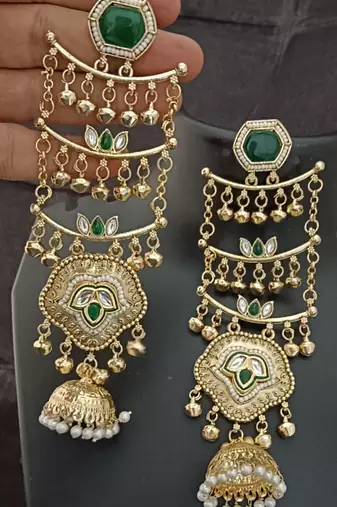 Green  moissanite stones ghungroo brass kashmiri earrings set