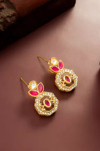 gold plated geometric octagon red stone earrings