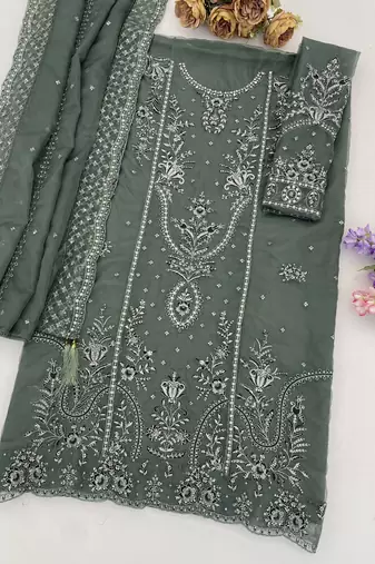 green organza thread embroidered sequin salwar suit