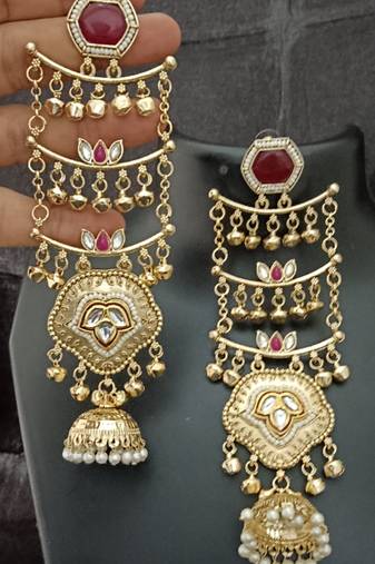 Green  moissanite stones ghungroo brass kashmiri earrings set