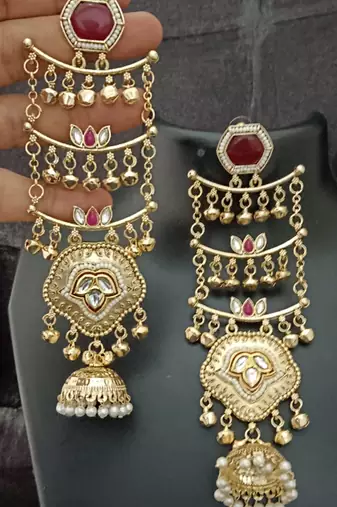 Green  moissanite stones ghungroo brass kashmiri earrings set