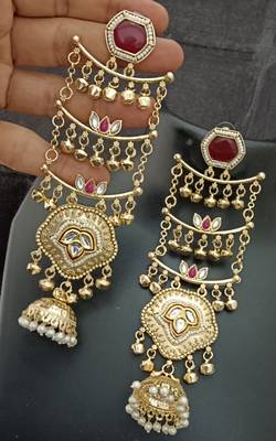 Green  moissanite stones ghungroo brass kashmiri earrings set 2
