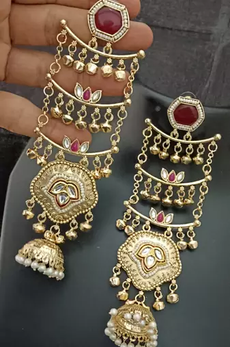 Green  moissanite stones ghungroo brass kashmiri earrings set