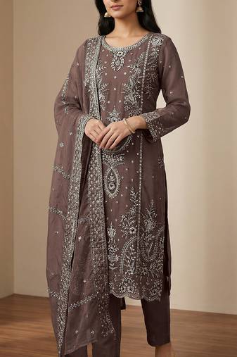 Coffee organza thread embroidered sequin salwar suit