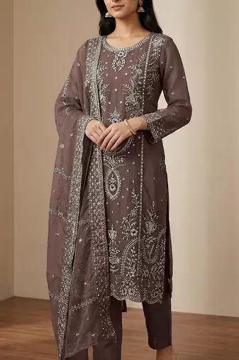 Coffee organza thread embroidered sequin salwar suit