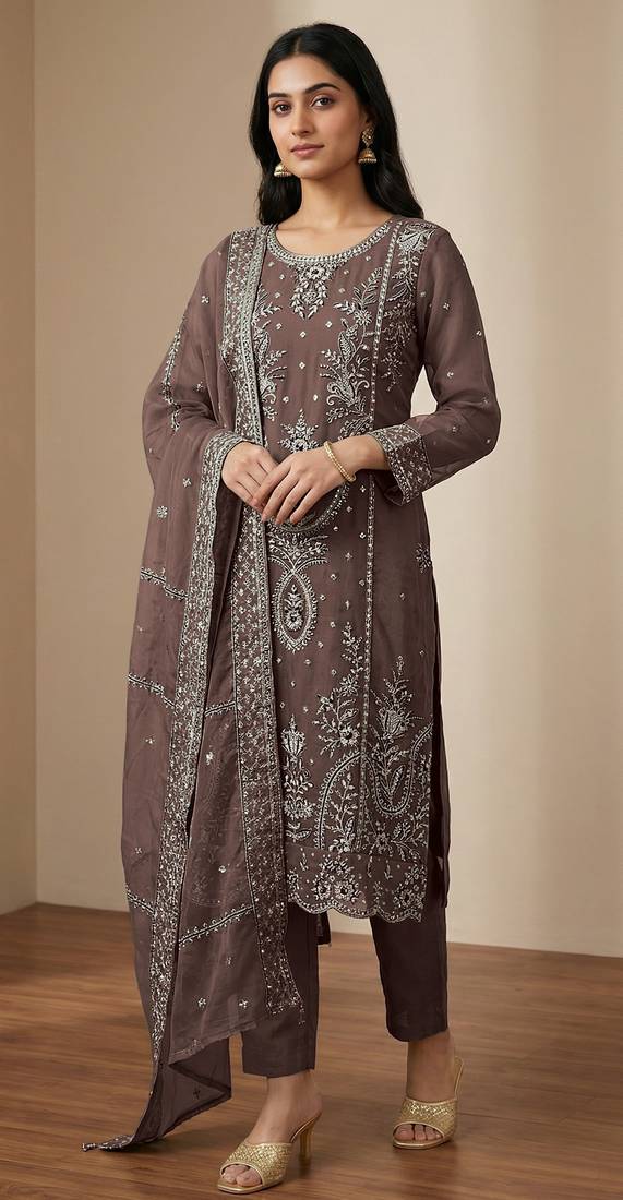 Coffee organza thread embroidered sequin salwar suit