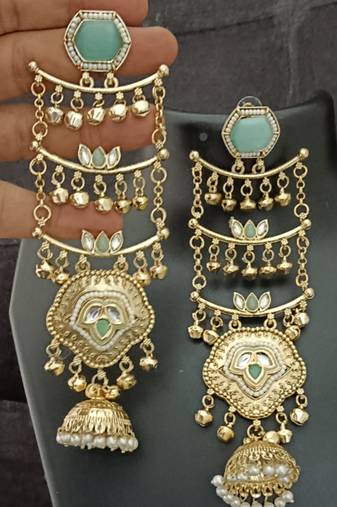Green  moissanite stones ghungroo brass kashmiri earrings set