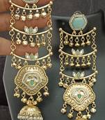 Green  moissanite stones ghungroo brass kashmiri earrings set