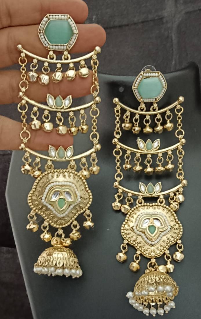 Green  moissanite stones ghungroo brass kashmiri earrings set