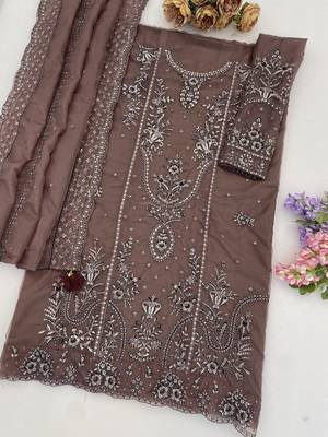 Coffee organza thread embroidered sequin salwar suit 2