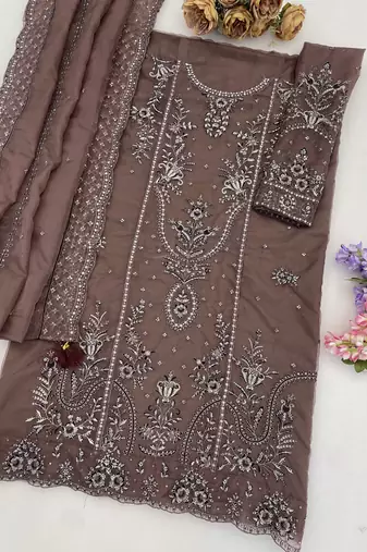 Coffee organza thread embroidered sequin salwar suit