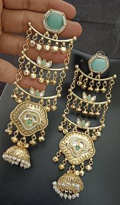 Green  moissanite stones ghungroo brass kashmiri earrings set 2