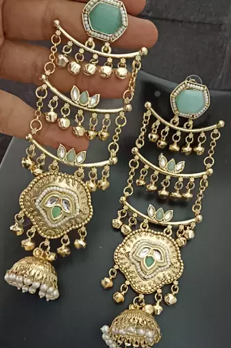 Green  moissanite stones ghungroo brass kashmiri earrings set