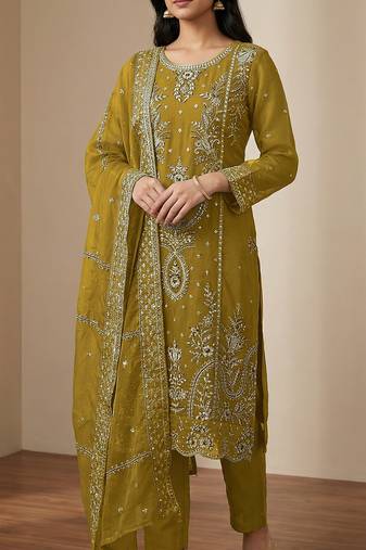 Mustard organza thread embroidered sequin salwar suit