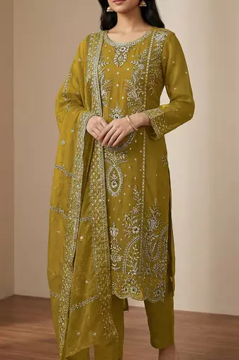 Mustard organza thread embroidered sequin salwar suit