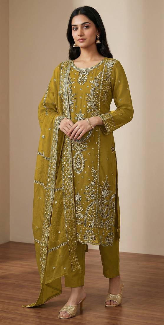 Mustard organza thread embroidered sequin salwar suit