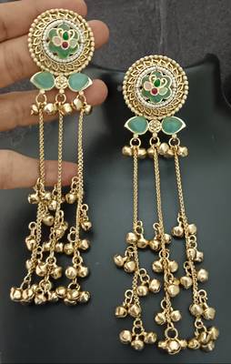 Mint green flower moissanite stones kashmiri brass ghungroo earrings set 1