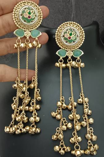 Mint green flower moissanite stones kashmiri brass ghungroo earrings set