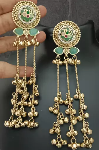 Mint green flower moissanite stones kashmiri brass ghungroo earrings set