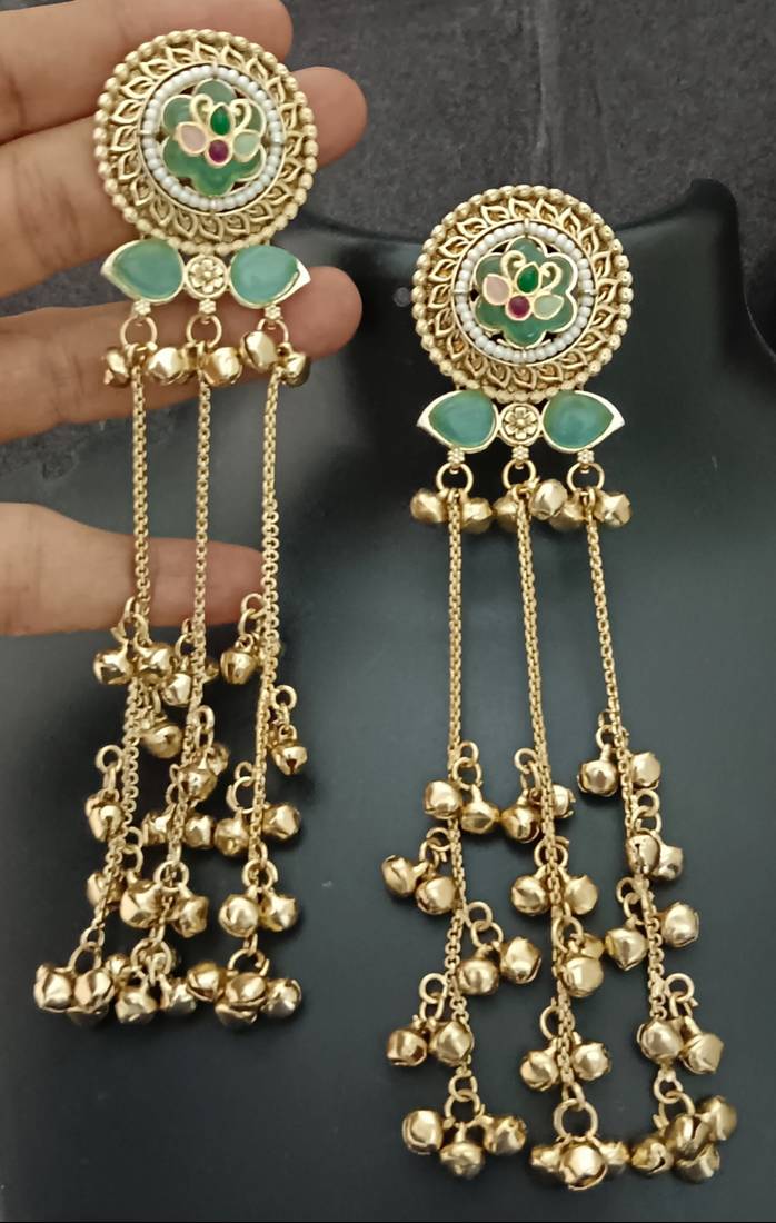 Mint green flower moissanite stones kashmiri brass ghungroo earrings set