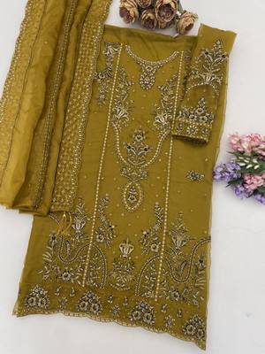 Mustard organza thread embroidered sequin salwar suit 2