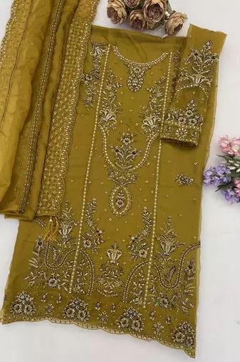 Mustard organza thread embroidered sequin salwar suit