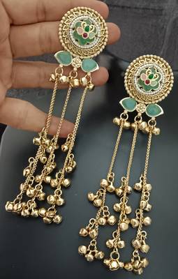 Mint green flower moissanite stones kashmiri brass ghungroo earrings set 2