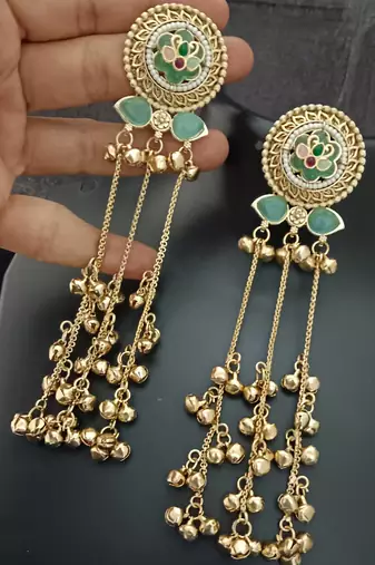 Mint green flower moissanite stones kashmiri brass ghungroo earrings set