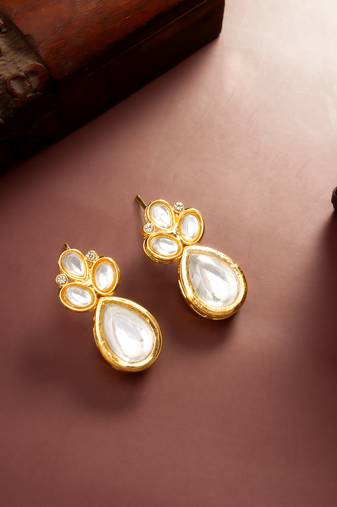 gold plated statement white stone cluster earrings