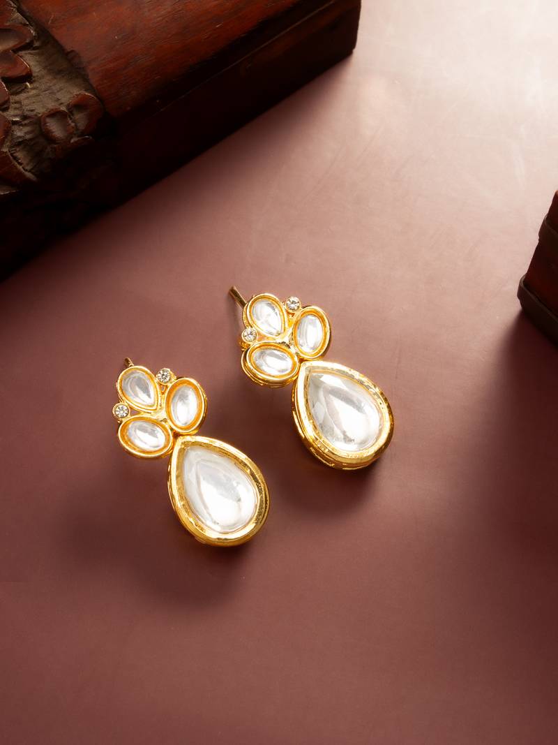 gold plated statement white stone cluster earrings