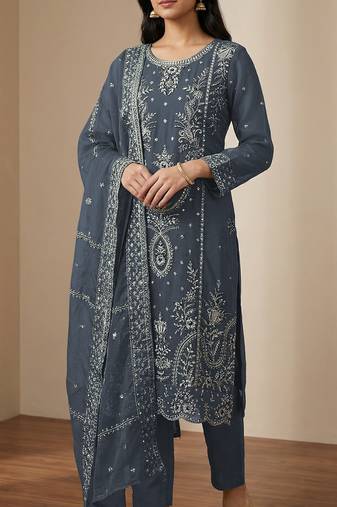 Grey organza thread embroidered sequin salwar suit