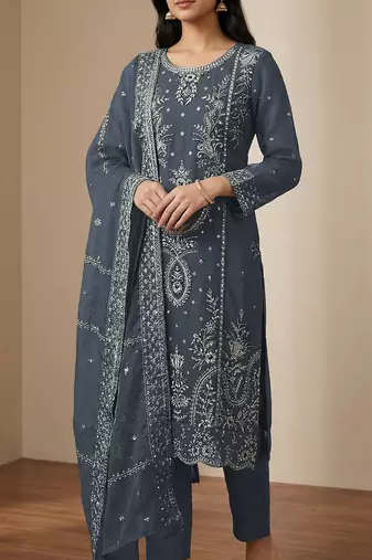 Grey organza thread embroidered sequin salwar suit