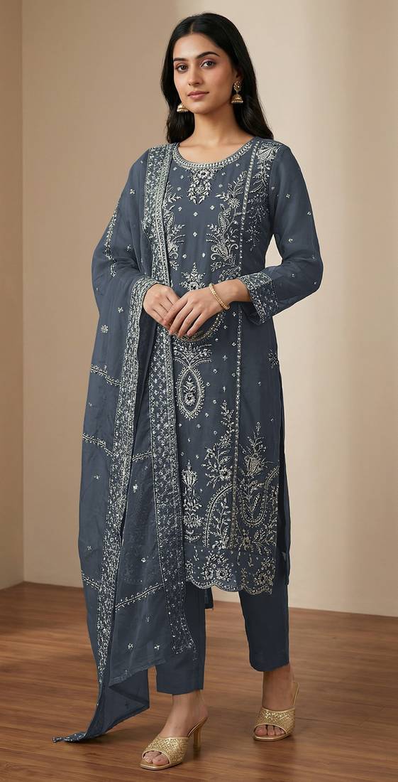 Grey organza thread embroidered sequin salwar suit