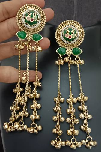 Green flower moissanite stones kashmiri brass ghungroo earrings set