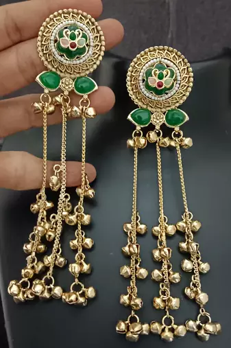 Green flower moissanite stones kashmiri brass ghungroo earrings set