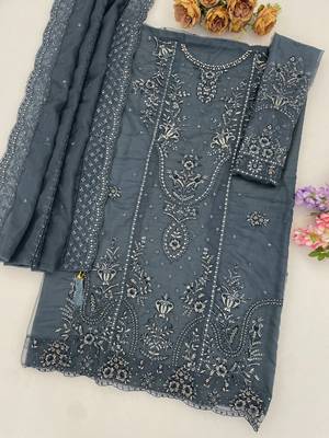 Grey organza thread embroidered sequin salwar suit 2