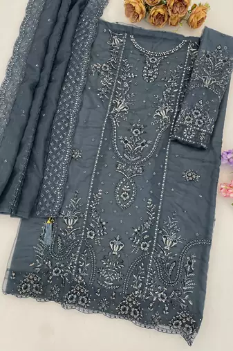 Grey organza thread embroidered sequin salwar suit